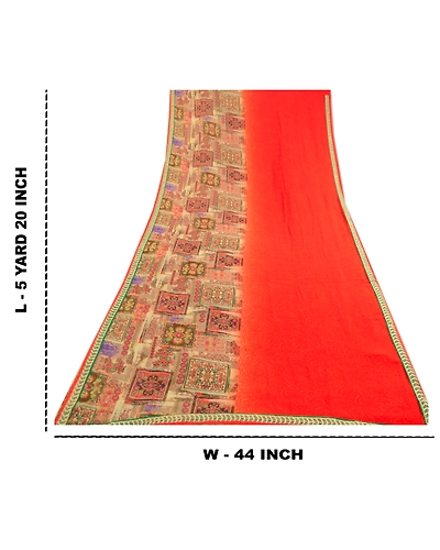 Sanskriti Vintage Indian Orange Sarees Georgette Printed Sari Soft Craft Fabric, PRG-3589-Orange-Printed Floral Design-Poly Georgette-12