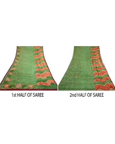 Sanskriti Vintage Green Sarees Pure Georgette Silk Printed Sari Craft 5Yd Fabric, PRG-3615-Green-Printed Floral Design-Pure Georgette Silk-14