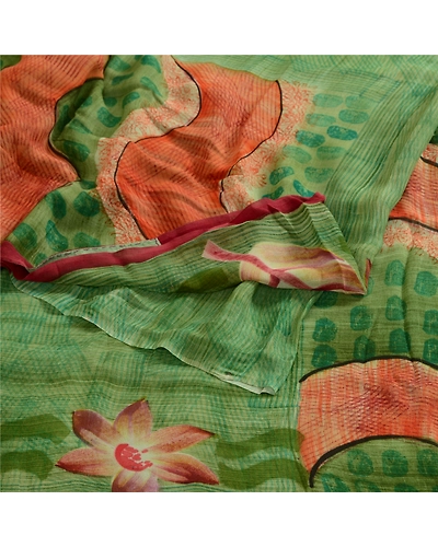 Sanskriti Vintage Green Sarees Pure Georgette Silk Printed Sari Craft 5Yd Fabric, PRG-3615-Green-Printed Floral Design-Pure Georgette Silk-18