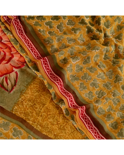 Sanskriti Vintage Mustard Sarees Pure Georgette Silk Printed Sari Craft Fabric, PRG-3637-Mustard-Printed Floral Design-Pure Georgette Silk-10