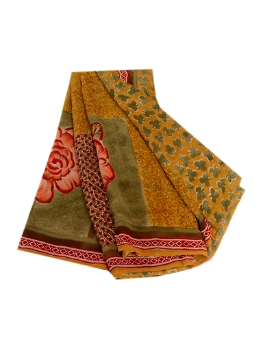 Sanskriti Vintage Mustard Sarees Pure Georgette Silk Printed Sari Craft Fabric, PRG-3637-Mustard-Printed Floral Design-Pure Georgette Silk-11