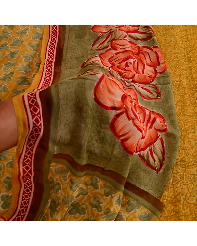Sanskriti Vintage Mustard Sarees Pure Georgette Silk Printed Sari Craft Fabric, PRG-3637-Mustard-Printed Floral Design-Pure Georgette Silk-13
