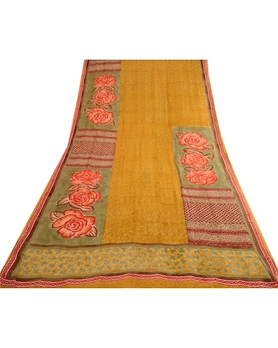 Sanskriti Vintage Mustard Sarees Pure Georgette Silk Printed Sari Craft Fabric, PRG-3637-Mustard-Printed Floral Design-Pure Georgette Silk-17