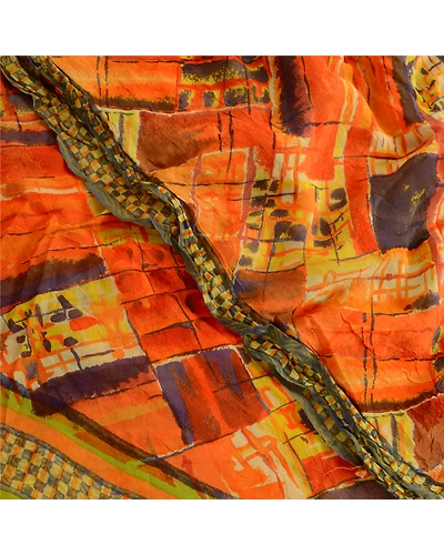 Sanskriti Vintage Indian Orange Sarees Pure Georgette Silk Printed Sari Fabric, PRG-3857-Orange-Printed Floral Design-Pure Georgette Silk-10