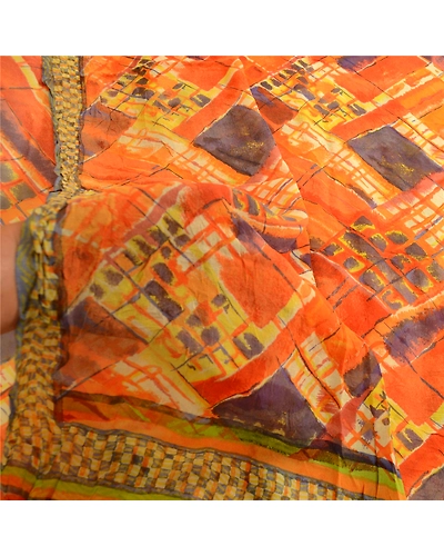 Sanskriti Vintage Indian Orange Sarees Pure Georgette Silk Printed Sari Fabric, PRG-3857-Orange-Printed Floral Design-Pure Georgette Silk-13