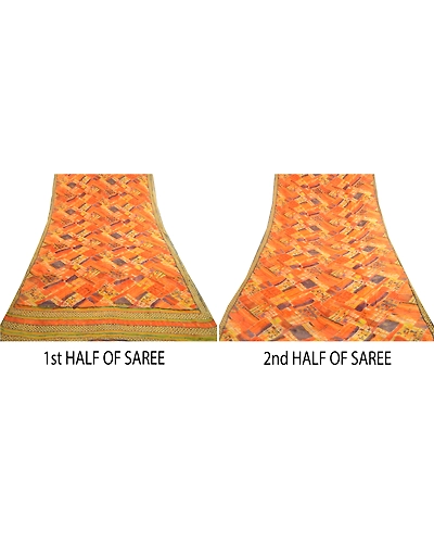 Sanskriti Vintage Indian Orange Sarees Pure Georgette Silk Printed Sari Fabric, PRG-3857-Orange-Printed Floral Design-Pure Georgette Silk-14