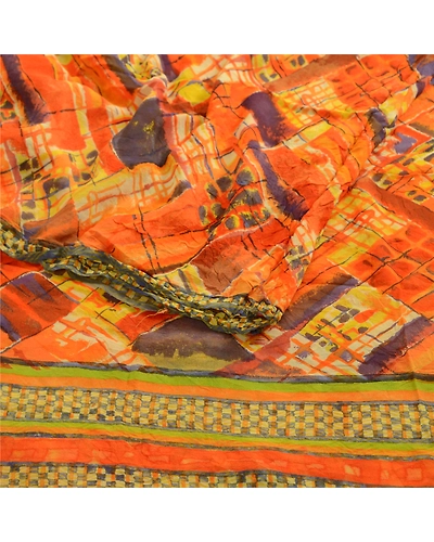 Sanskriti Vintage Indian Orange Sarees Pure Georgette Silk Printed Sari Fabric, PRG-3857-Orange-Printed Floral Design-Pure Georgette Silk-16