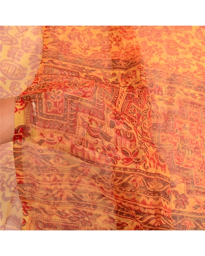 Sanskriti Vintage Yellow Sarees Pure Chiffon Silk Printed Sari 5Yd Craft Fabric, PRG-3886-Yellow-Printed Floral Design-Pure Chiffon Silk-13