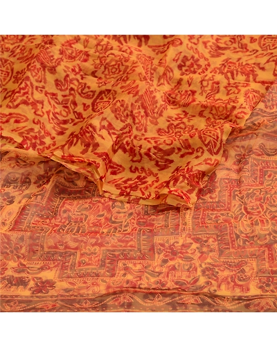 Sanskriti Vintage Yellow Sarees Pure Chiffon Silk Printed Sari 5Yd Craft Fabric, PRG-3886-Yellow-Printed Floral Design-Pure Chiffon Silk-16