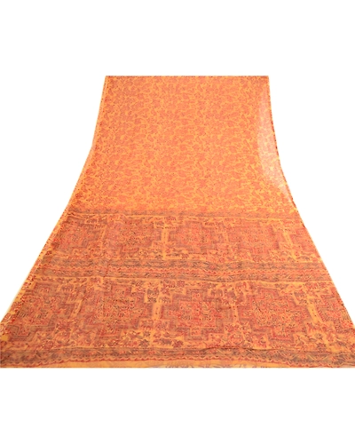 Sanskriti Vintage Yellow Sarees Pure Chiffon Silk Printed Sari 5Yd Craft Fabric, PRG-3886-Yellow-Printed Floral Design-Pure Chiffon Silk-17