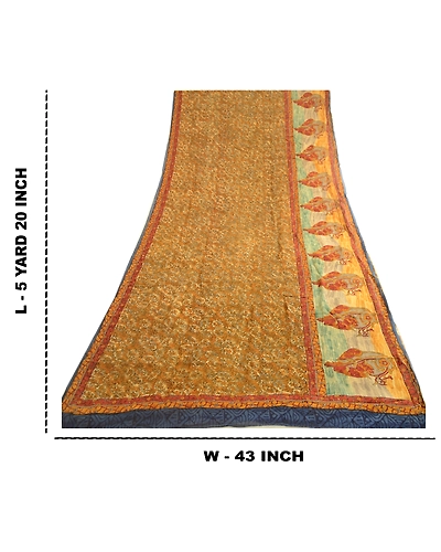 Sanskriti Vintage Green Sarees Pure Georgette Silk Printed Sari 5Yd Craft Fabric, PRG-3967-Mustard Green-Printed Floral Design-Pure Georgette Silk-12