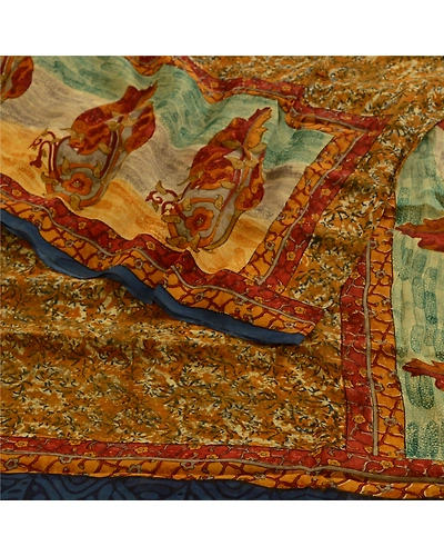 Sanskriti Vintage Green Sarees Pure Georgette Silk Printed Sari 5Yd Craft Fabric, PRG-3967-Mustard Green-Printed Floral Design-Pure Georgette Silk-16