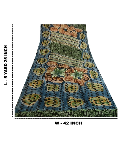 Sanskriti Vintage Green Sarees Pure Georgette Silk Iprinted Sari Craft Fabric, PRG-3990-Green-Printed Floral Design-Pure Georgette Silk-12