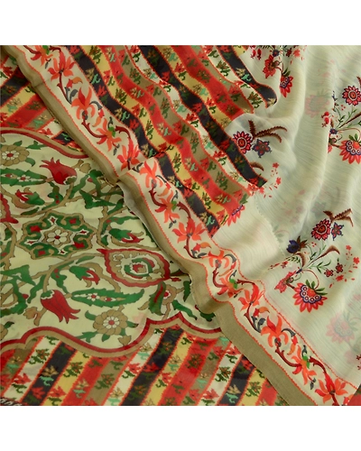 Sanskriti Vintage Ivory Sarees Pure Georgette Silk Printed Sari 5Yd Craft Fabric, PRG-4048-Ivory-Printed Floral Design-Pure Georgette Silk-10