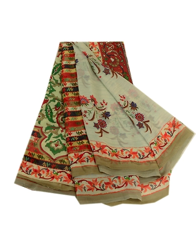 Sanskriti Vintage Ivory Sarees Pure Georgette Silk Printed Sari 5Yd Craft Fabric, PRG-4048-Ivory-Printed Floral Design-Pure Georgette Silk-11