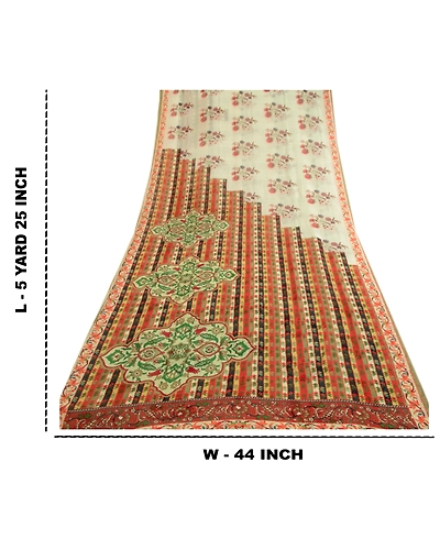 Sanskriti Vintage Ivory Sarees Pure Georgette Silk Printed Sari 5Yd Craft Fabric, PRG-4048-Ivory-Printed Floral Design-Pure Georgette Silk-12