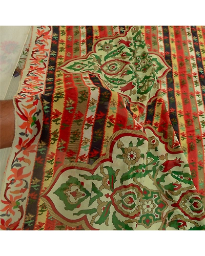 Sanskriti Vintage Ivory Sarees Pure Georgette Silk Printed Sari 5Yd Craft Fabric, PRG-4048-Ivory-Printed Floral Design-Pure Georgette Silk-13