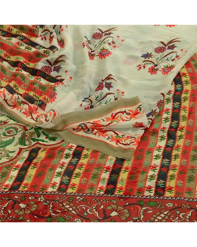 Sanskriti Vintage Ivory Sarees Pure Georgette Silk Printed Sari 5Yd Craft Fabric, PRG-4048-Ivory-Printed Floral Design-Pure Georgette Silk-18