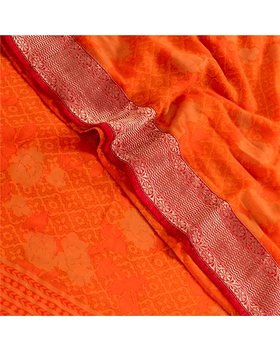 Sanskriti Vintage Orange Indian Sarees Georgette Printed Sari Soft Craft Fabric, PRG-4090-Orange-Printed Floral Design-Poly Georgette-10