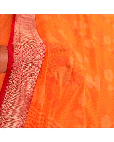 Sanskriti Vintage Orange Indian Sarees Georgette Printed Sari Soft Craft Fabric, PRG-4090-Orange-Printed Floral Design-Poly Georgette-13