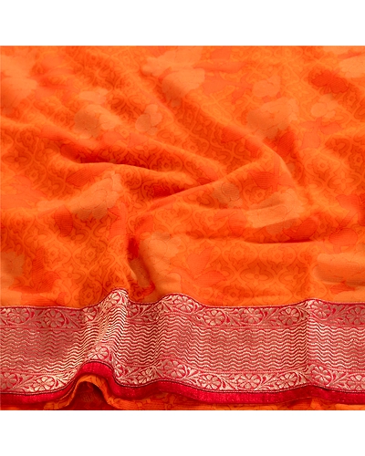 Sanskriti Vintage Orange Indian Sarees Georgette Printed Sari Soft Craft Fabric, PRG-4090-Orange-Printed Floral Design-Poly Georgette-15