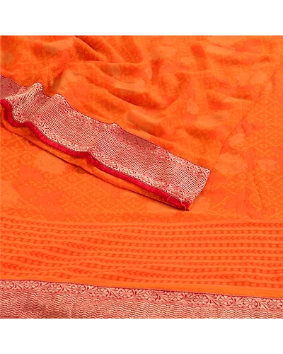 Sanskriti Vintage Orange Indian Sarees Georgette Printed Sari Soft Craft Fabric, PRG-4090-Orange-Printed Floral Design-Poly Georgette-16