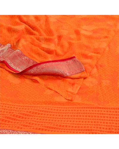 Sanskriti Vintage Orange Indian Sarees Georgette Printed Sari Soft Craft Fabric, PRG-4090-Orange-Printed Floral Design-Poly Georgette-18