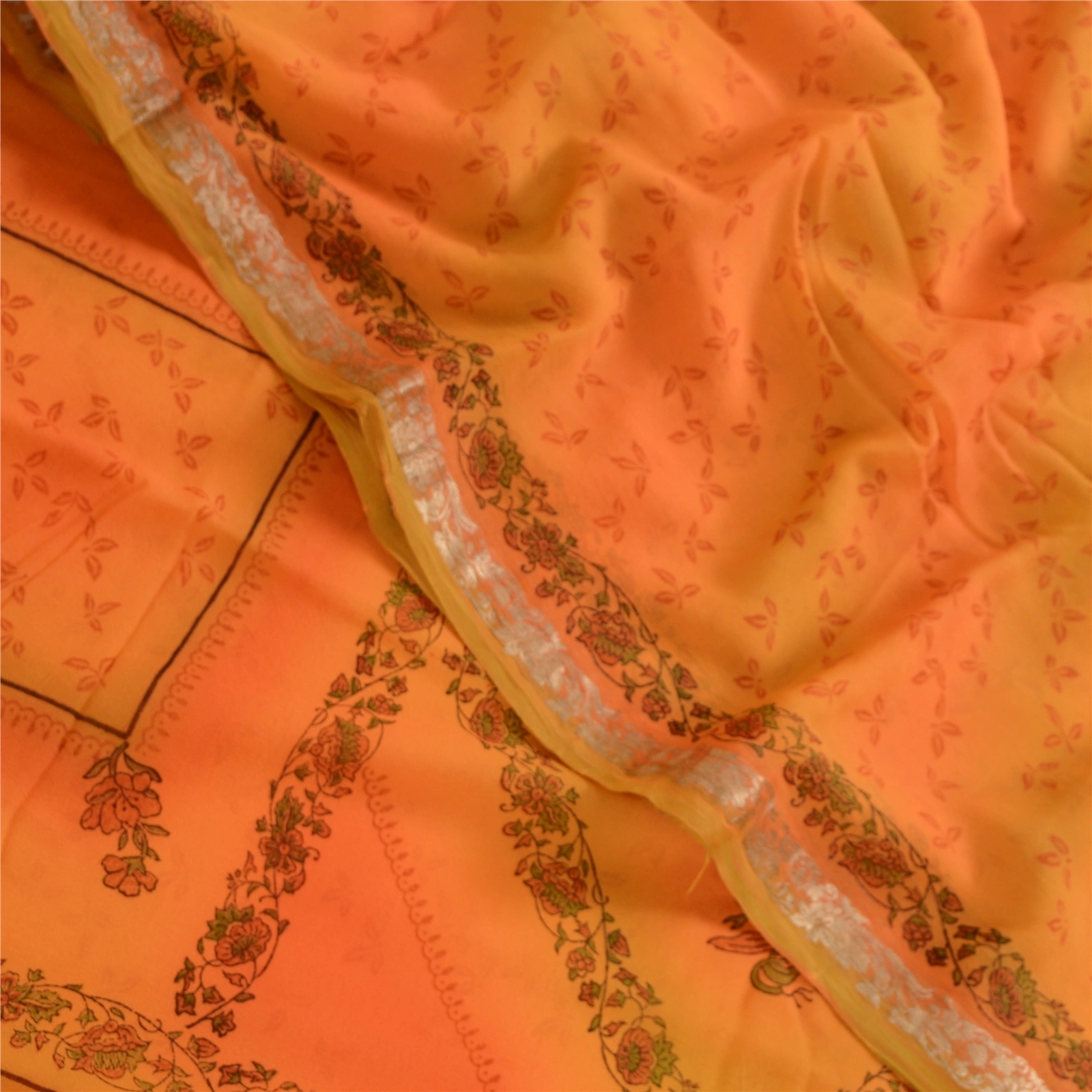 Sanskriti Vintage Orange Sarees Pure Georgette Silk Printed Sari Craft Fabric, PRG-4166-Orange-Printed Floral Design-Pure Georgette Silk-10