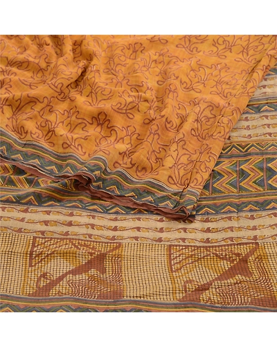 Sanskriti Vintage Sarees Yellow Sewing Fabric Pure Georgette Silk Printed Sari, PRG-4286-Yellow-Printed Floral Design-Pure Georgette Silk-16