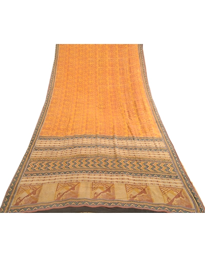 Sanskriti Vintage Sarees Yellow Sewing Fabric Pure Georgette Silk Printed Sari, PRG-4286-Yellow-Printed Floral Design-Pure Georgette Silk-17