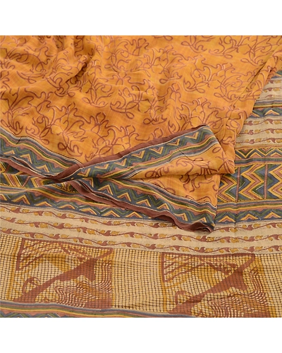 Sanskriti Vintage Sarees Yellow Sewing Fabric Pure Georgette Silk Printed Sari, PRG-4286-Yellow-Printed Floral Design-Pure Georgette Silk-18