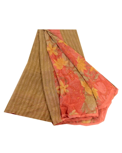 Sanskriti Vintage Peach Sarees Pure Georgette Silk Printed Sari 5Yd Craft Fabric, PRG-4290-Peach-Printed Floral Design-Pure Georgette Silk-12