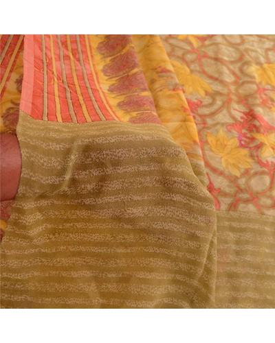 Sanskriti Vintage Peach Sarees Pure Georgette Silk Printed Sari 5Yd Craft Fabric, PRG-4290-Peach-Printed Floral Design-Pure Georgette Silk-15