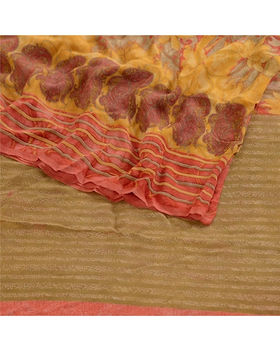 Sanskriti Vintage Peach Sarees Pure Georgette Silk Printed Sari 5Yd Craft Fabric, PRG-4290-Peach-Printed Floral Design-Pure Georgette Silk-18