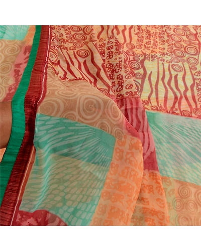 Sanskriti Vintage Sari Indian Multi Indian Georgette Printed Sarees Craft Fabric, PRG-4293-Multi-Printed Floral Design-Poly Georgette-13