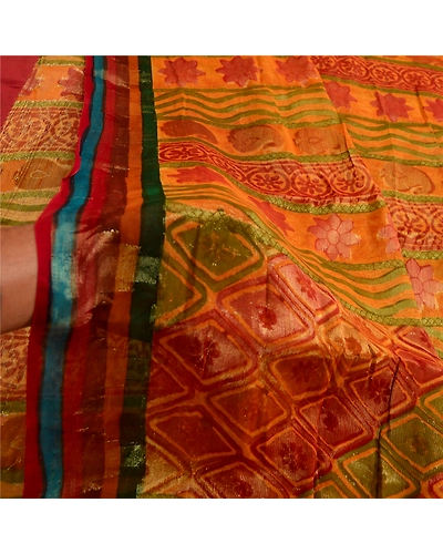 Sanskriti Vintage Indian Saffron Sarees Print Blend Georgette Sari Craft Fabric, PRG-4516-Saffron-Printed Floral Design-Blend Georgette-13