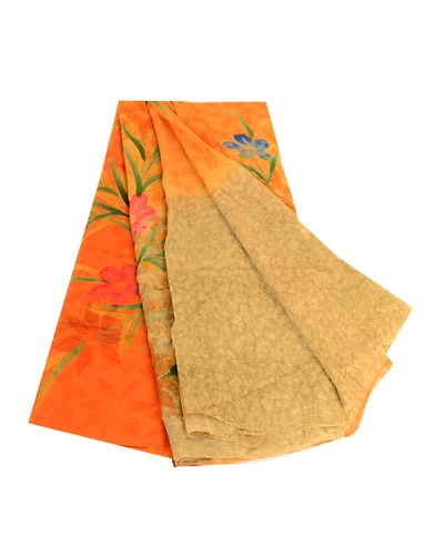 Sanskriti Vintage Orange Sarees Pure Georgette Silk Printed Sari Craft Fabric, PRG-4548-Orange-Printed Floral Design-Pure Georgette Silk-11