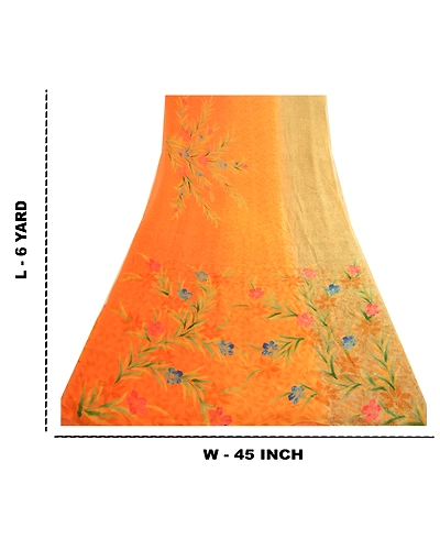 Sanskriti Vintage Orange Sarees Pure Georgette Silk Printed Sari Craft Fabric, PRG-4548-Orange-Printed Floral Design-Pure Georgette Silk-12