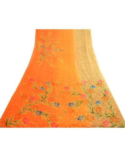 Sanskriti Vintage Orange Sarees Pure Georgette Silk Printed Sari Craft Fabric, PRG-4548-Orange-Printed Floral Design-Pure Georgette Silk-17