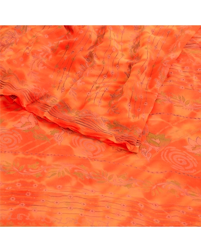 Sanskriti Vintage Leheria Sarees Pure Georgette Silk Printed Sari Craft Fabric, PRG-4650-Orange-Printed Floral Design-Pure Georgette Silk-16