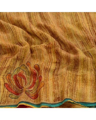 Sanskriti Vintage Sarees Saffron Pure Georgette Silk Printed Sari Craft Fabric, PRG-472-Saffron-Printed Floral Design-Pure Georgette Silk-15