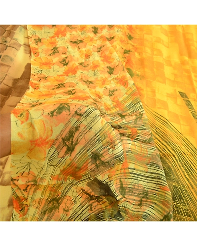 Sanskriti Vintage Sarees Digital Printed Blend Georgette Sari 5 Yd Craft Fabric, PRG-4736-Yellow-Digital Printed Floral Design-Blend Georgette-13