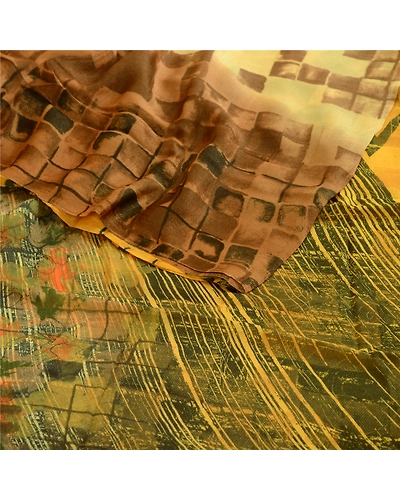 Sanskriti Vintage Sarees Digital Printed Blend Georgette Sari 5 Yd Craft Fabric, PRG-4736-Yellow-Digital Printed Floral Design-Blend Georgette-16