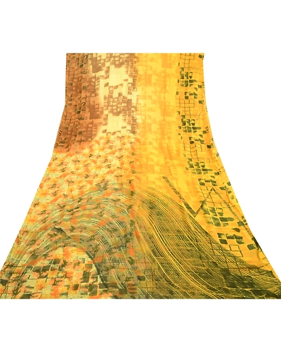 Sanskriti Vintage Sarees Digital Printed Blend Georgette Sari 5 Yd Craft Fabric, PRG-4736-Yellow-Digital Printed Floral Design-Blend Georgette-17