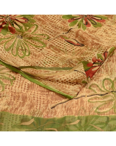 Sanskriti Vintage Brown Indian Sarees Chiffon Printed Sari Floral Craft Fabric, PRG-4828-Brown-Printed Floral Design-Poly Chiffon-18