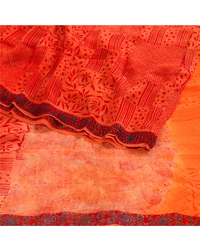 Sanskriti Vintage Orange Sarees Blend Chiffon Printed Sari Craft 5 Yard Fabric, PRG-4832-Orange-Printed Floral Design-Blend Chiffon-16