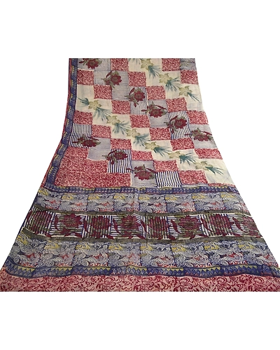 Sanskriti Vintage Blue Sarees Block Printed Blend Georgette Sari Craft Fabric, PRG-4970-Blue-Printed Floral Design-Blend Georgette-17