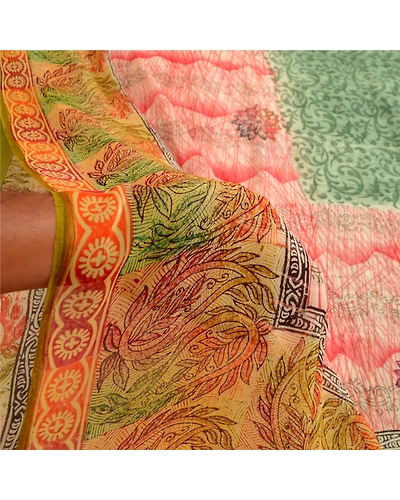 Sanskriti Vintage Sarees Indian Printed Blend Georgette Sari Craft 5 Yard Fabric, PRG-4999-Multi-Printed Floral Design-Blend Georgette-15