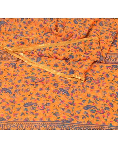 Sanskriti Vintage Saffron Sarees Blend Georgette Printed Sari Craft 5 Yd Fabric, PRG-5293-Saffron-Printed Floral Design-Blend Georgette-8