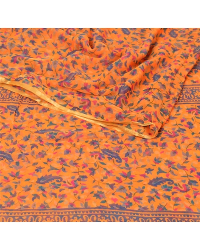 Sanskriti Vintage Saffron Sarees Blend Georgette Printed Sari Craft 5 Yd Fabric, PRG-5293-Saffron-Printed Floral Design-Blend Georgette-9